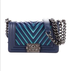 CHANEL Metallic Blue Small Chevron Boy Bag